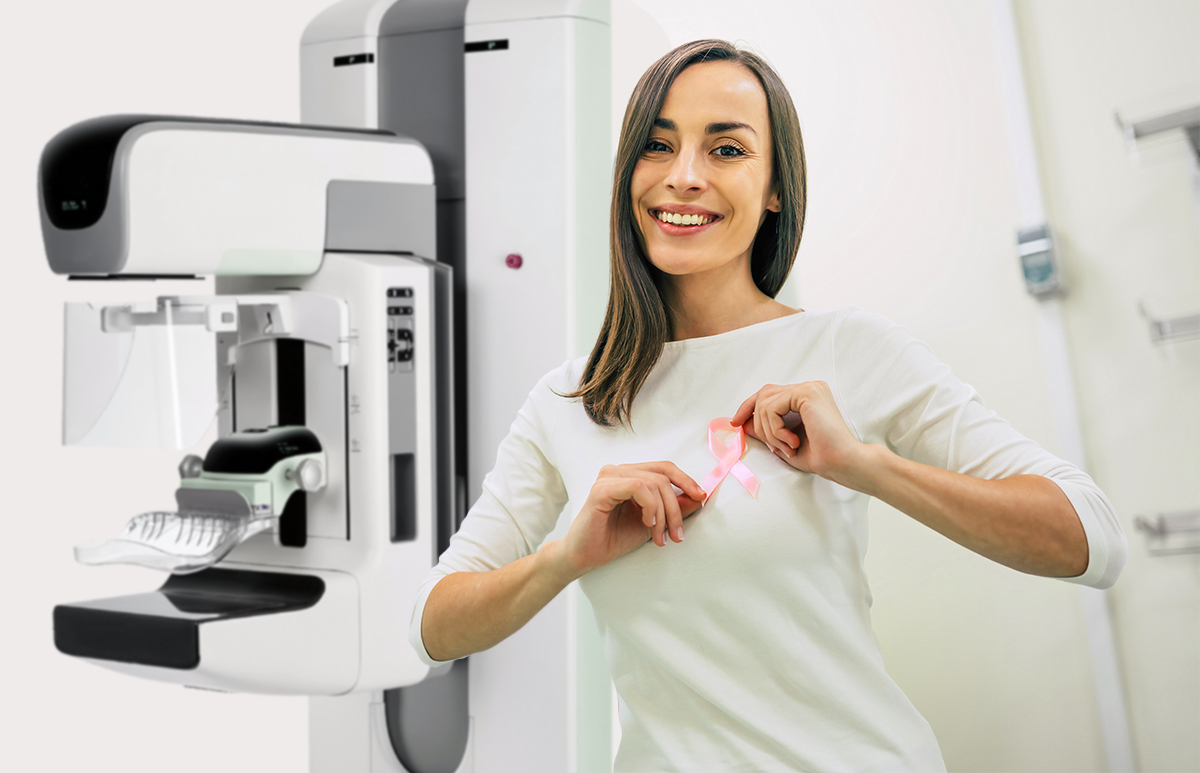 Donna che invita alla mammografia per prevenzione